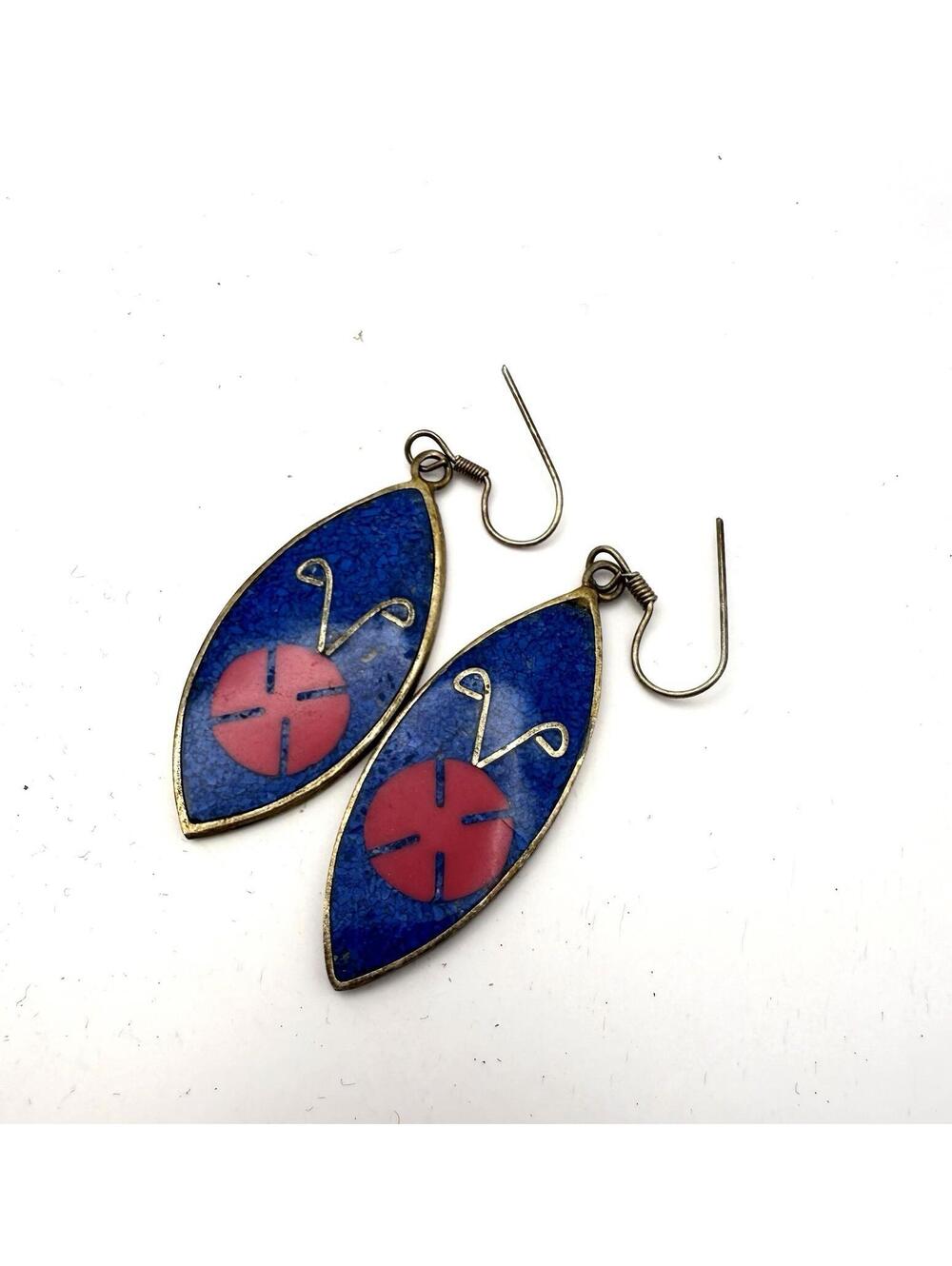 Vintage Signed Alpaca Silver Mexico Inlaid Drop Earrings Turquoise